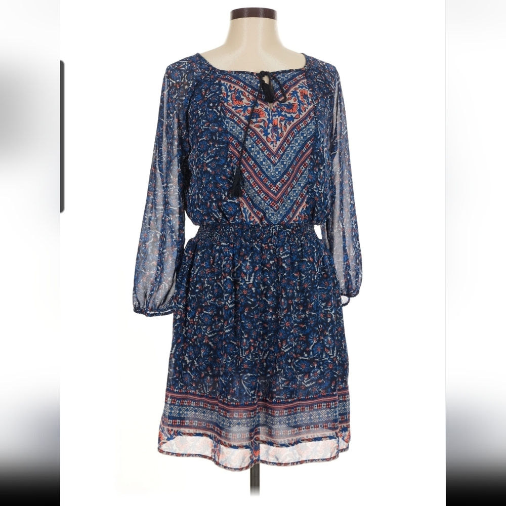 Lucky Brand Navy Blue Multicolor Printed Long-Sleeve Dress